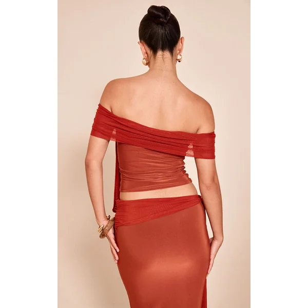 Orange Brûlé Haut Bardot Noué En Double Slinky