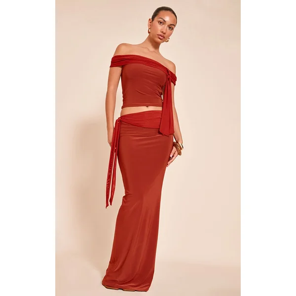 Orange Brûlé Haut Bardot Noué En Double Slinky