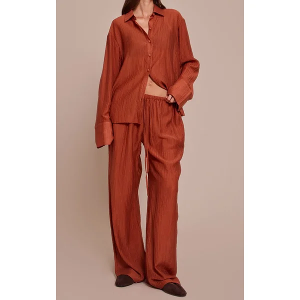 Orange Brûlé Pantalon Droit Ample À Texture