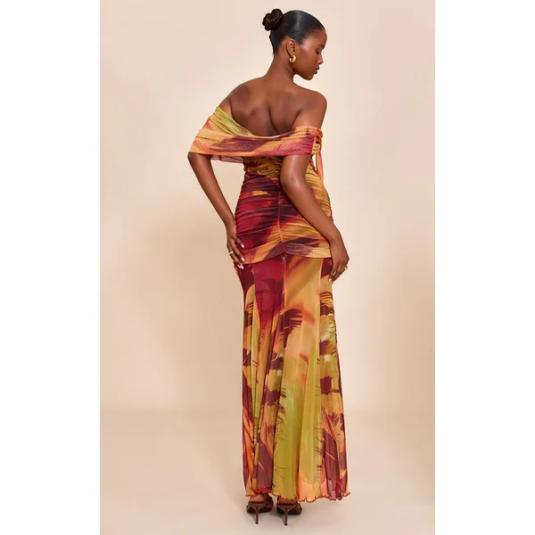 Orange Brûlé Robe Longue Bardot En Mesh Doublée