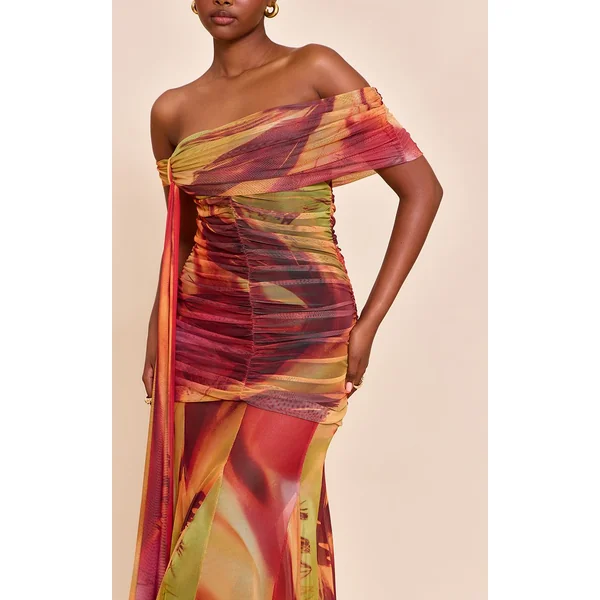 Orange Brûlé Robe Longue Bardot En Mesh Doublée