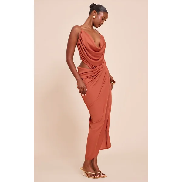 Orange Brûlé Robe Mi-longue En Mousseline Avec Découpes Et Drapés