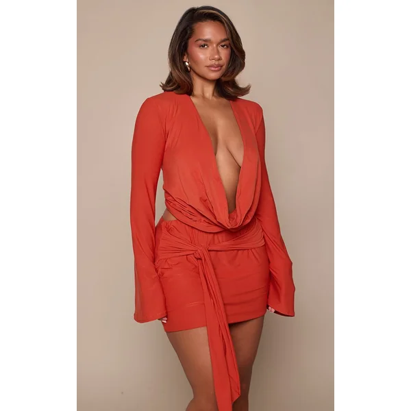 Orange Ensemble Coordonné Mini-jupe Shape Toucher Doux Avec Détail Noué