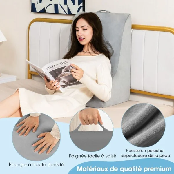 Oreiller Compensé en Éponge Haute Densité Coussin de Lecture avec Housse Amovible pour Post-chirurgie Orthopédique Gris