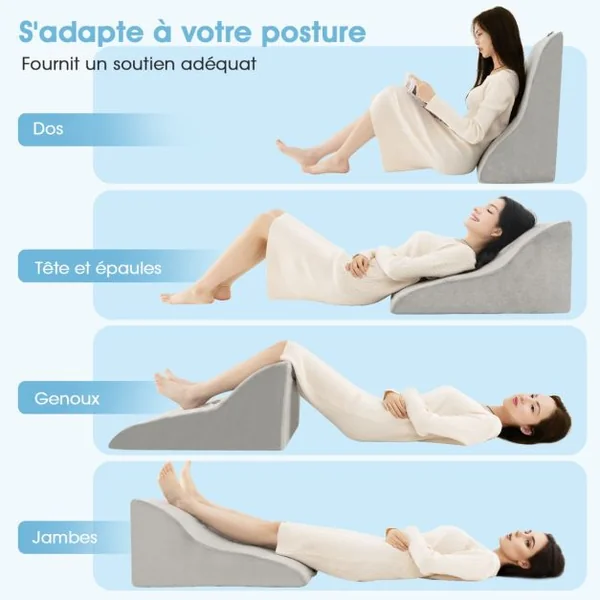 Oreiller Compensé en Éponge Haute Densité Coussin de Lecture avec Housse Amovible pour Post-chirurgie Orthopédique Gris