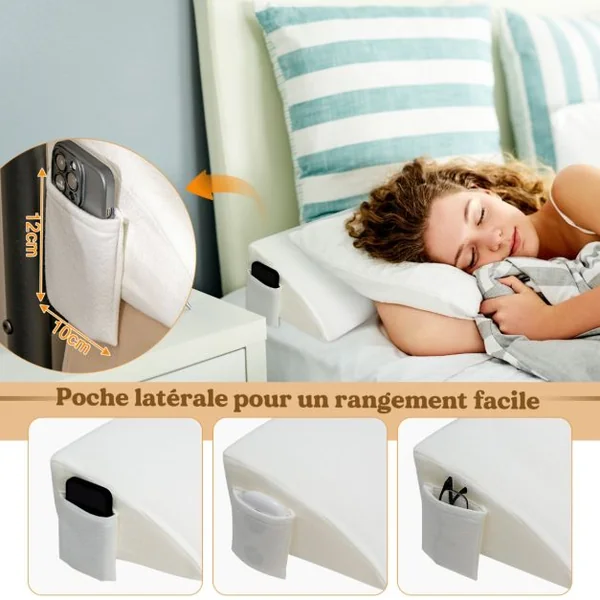 Oreiller Compensé pour Lit en Éponge Haute Densité avec Poche Latérale Coussin d'Espace entre Tête de Lit et Matelas Blanc