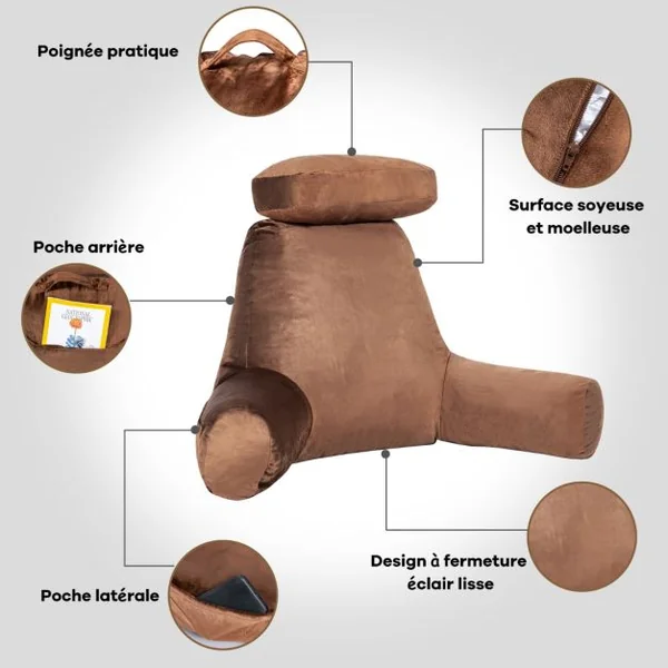 Oreiller de Lecture Coussin de Soutien Lombaire Rembourrage en Mousse à Mémoire de Forme Brun