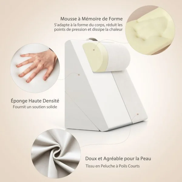 Oreiller de Lecture en Mousse à Mémoire Coussin Triangle avec Housse Amovible et Appui-tête Réglable Design 12 en 1 Blanc