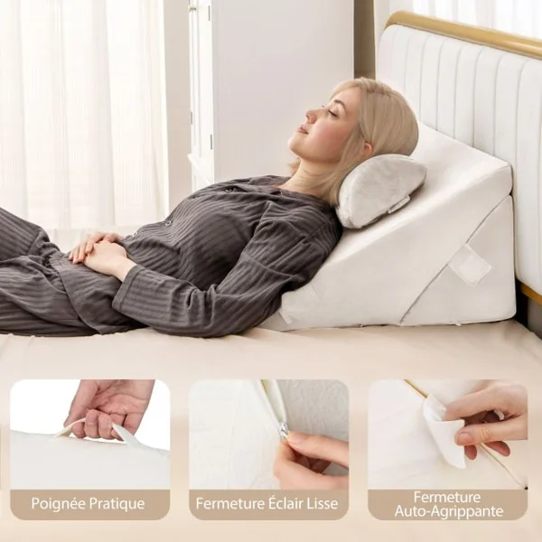 Oreiller de Lecture en Mousse à Mémoire Coussin Triangle avec Housse Amovible et Appui-tête Réglable Design 12 en 1 Blanc