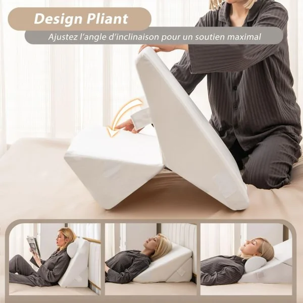 Oreiller de Lecture en Mousse à Mémoire Coussin Triangle avec Housse Amovible et Appui-tête Réglable Design 12 en 1 Blanc