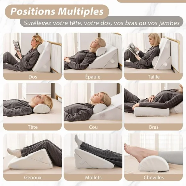 Oreiller de Lecture en Mousse à Mémoire Coussin Triangle avec Housse Amovible et Appui-tête Réglable Design 12 en 1 Blanc