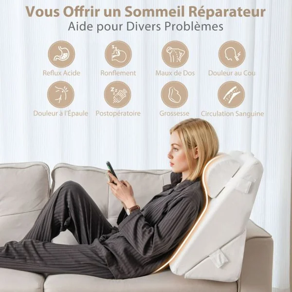 Oreiller de Lecture en Mousse à Mémoire Coussin Triangle avec Housse Amovible et Appui-tête Réglable Design 12 en 1 Blanc