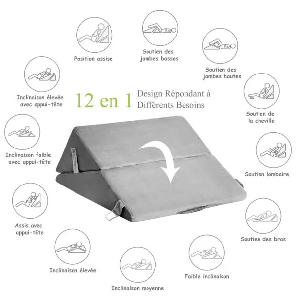 Oreiller de Lecture en Mousse à Mémoire Coussin Triangle avec Housse Amovible et Appui-tête Réglable Design 12 en 1 Gris