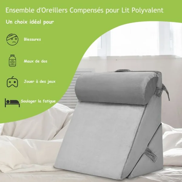 Oreiller de Lecture en Mousse à Mémoire Coussin Triangle avec Housse Amovible et Appui-tête Réglable Design 12 en 1 Gris