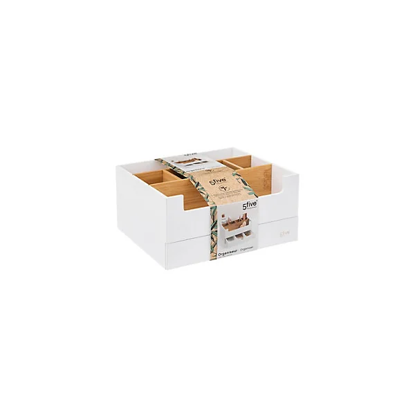 Organisateur d'accessoires de salle de bains XL blanc et bambou, avec tiroir, 5Five