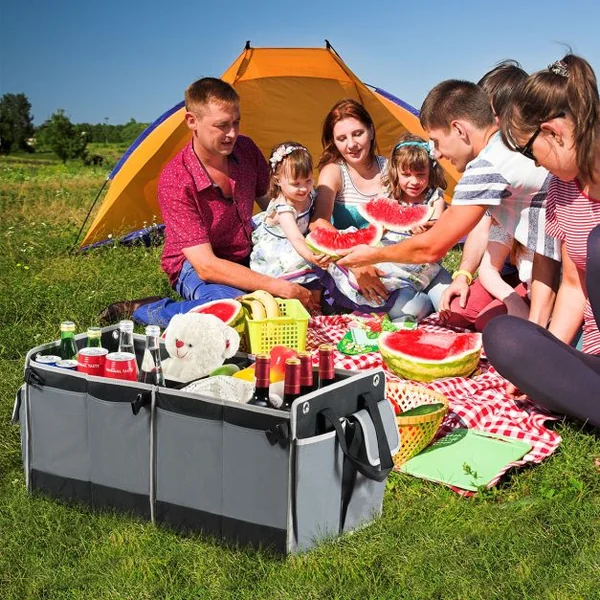 Organisateur de Coffre de Voiture Pliable avec Poignées 3 Compartiments Isolés et 4 Poches de Rangement Fait en Tissu Oxford