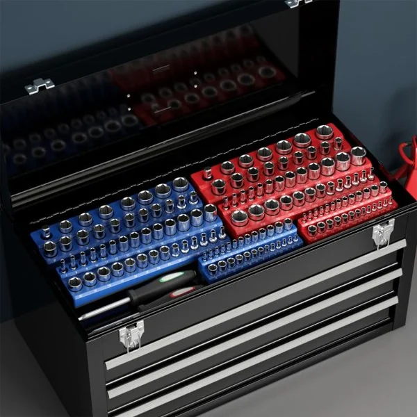 Organisateur de Douilles Magnétiques Entraînements 1/2" 3/8" et 1/4" Kit de Support de Douille 6 Pièces Rouge SAE Bleu Métrique