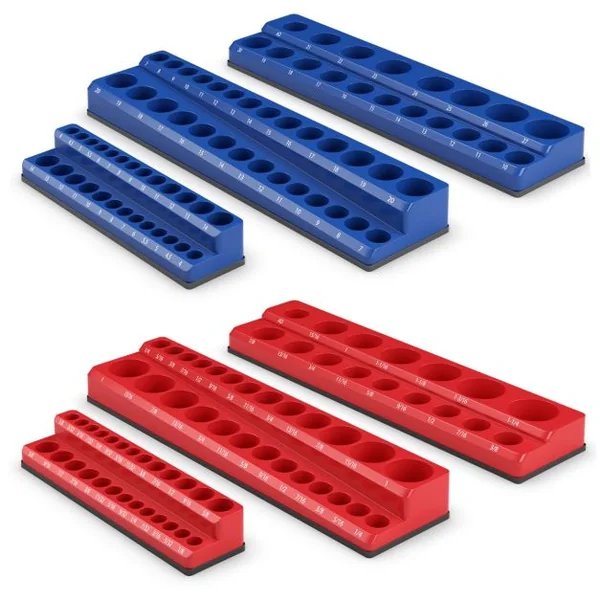 Organisateur de Douilles Magnétiques Entraînements 1/2" 3/8" et 1/4" Kit de Support de Douille 6 Pièces Rouge SAE Bleu Métrique