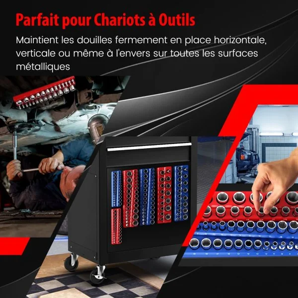 Organisateur de Douilles Magnétiques Entraînements 1/2" 3/8" et 1/4" Kit de Support de Douille 6 Pièces Rouge SAE Bleu Métrique