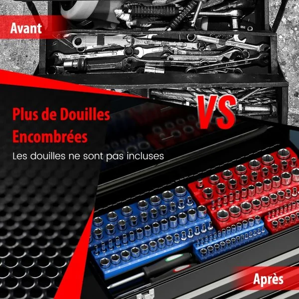 Organisateur de Douilles Magnétiques Entraînements 1/2" 3/8" et 1/4" Kit de Support de Douille 6 Pièces Rouge SAE Bleu Métrique