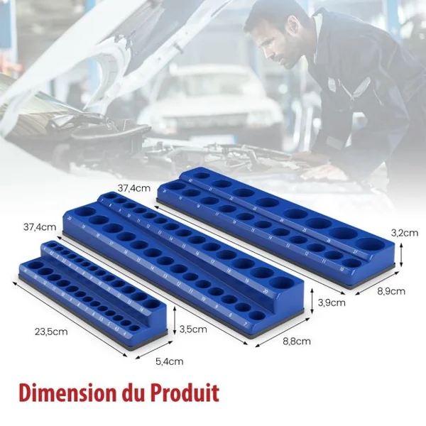 Organisateur de Douilles Magnétiques Entraînements 1/2" 3/8" et 1/4" Kit de Support de Douille 6 Pièces Rouge SAE Bleu Métrique