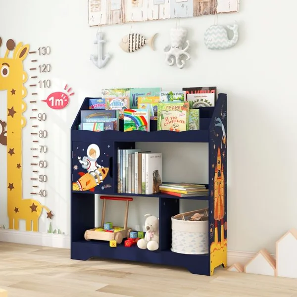 Organisateur de Rangement 3 en 1 de Jouets d’Enfants Étagère à Jouets et à Livres Bibliothèque de Rangement pour Enfants Bleu