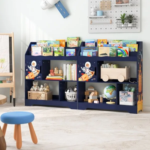 Organisateur de Rangement 3 en 1 de Jouets d’Enfants Étagère à Jouets et à Livres Bibliothèque de Rangement pour Enfants Bleu