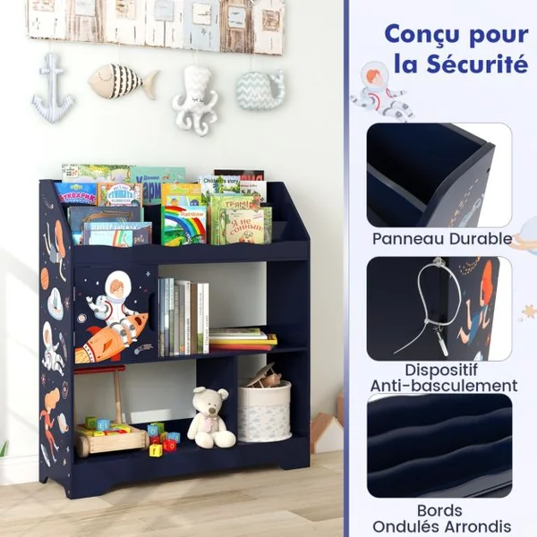 Organisateur de Rangement 3 en 1 de Jouets d’Enfants Étagère à Jouets et à Livres Bibliothèque de Rangement pour Enfants Bleu