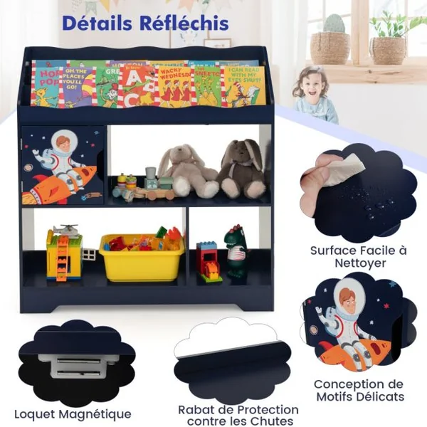 Organisateur de Rangement 3 en 1 de Jouets d’Enfants Étagère à Jouets et à Livres Bibliothèque de Rangement pour Enfants Bleu