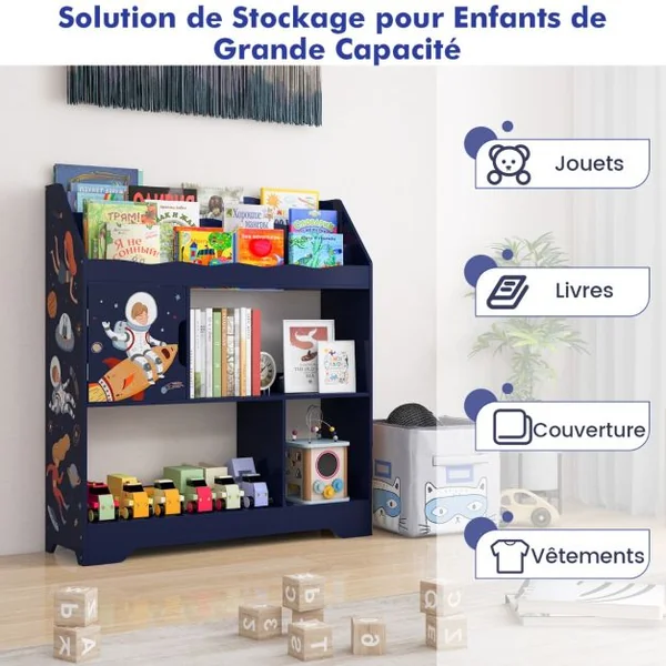 Organisateur de Rangement 3 en 1 de Jouets d’Enfants Étagère à Jouets et à Livres Bibliothèque de Rangement pour Enfants Bleu