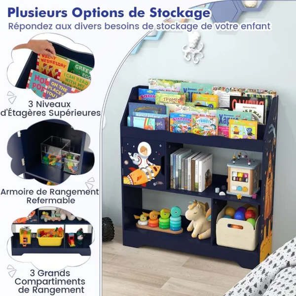 Organisateur de Rangement 3 en 1 de Jouets d’Enfants Étagère à Jouets et à Livres Bibliothèque de Rangement pour Enfants Bleu