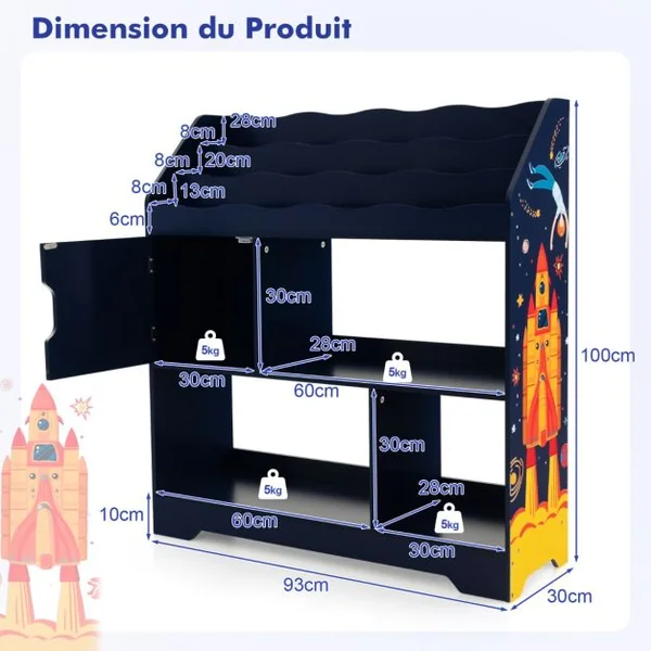 Organisateur de Rangement 3 en 1 de Jouets d’Enfants Étagère à Jouets et à Livres Bibliothèque de Rangement pour Enfants Bleu