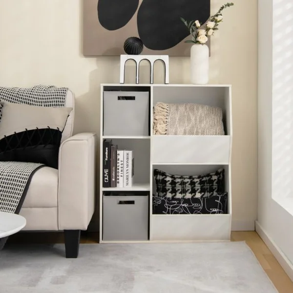 Organisateur de Rangement Bibliothèque en Bois pour Enfants à 5 Compartiments 2 Bacs en Tissu Étagère de Rangement Ouvert pour Jouets Blanc