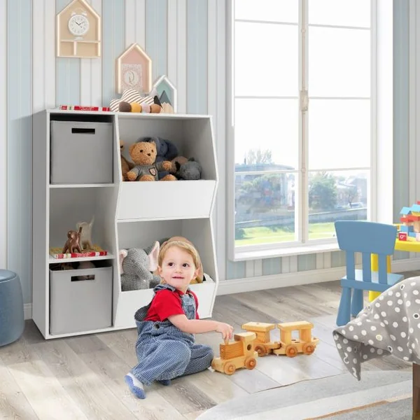 Organisateur de Rangement Bibliothèque en Bois pour Enfants à 5 Compartiments 2 Bacs en Tissu Étagère de Rangement Ouvert pour Jouets Blanc
