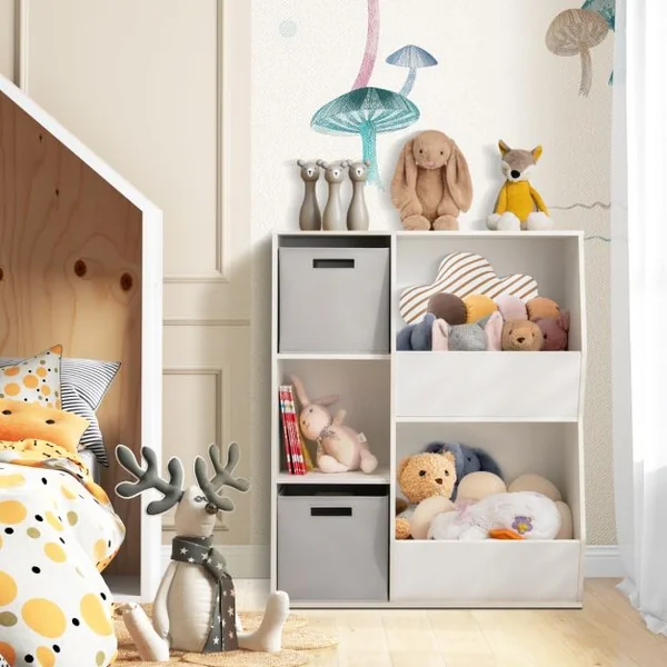 Organisateur de Rangement Bibliothèque en Bois pour Enfants à 5 Compartiments 2 Bacs en Tissu Étagère de Rangement Ouvert pour Jouets Blanc