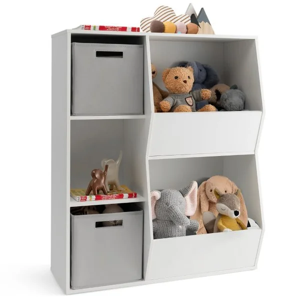 Organisateur de Rangement Bibliothèque en Bois pour Enfants à 5 Compartiments 2 Bacs en Tissu Étagère de Rangement Ouvert pour Jouets Blanc