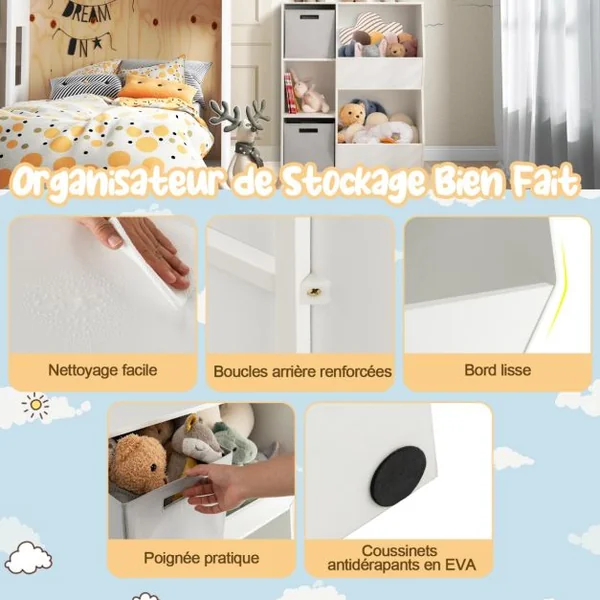 Organisateur de Rangement Bibliothèque en Bois pour Enfants à 5 Compartiments 2 Bacs en Tissu Étagère de Rangement Ouvert pour Jouets Blanc