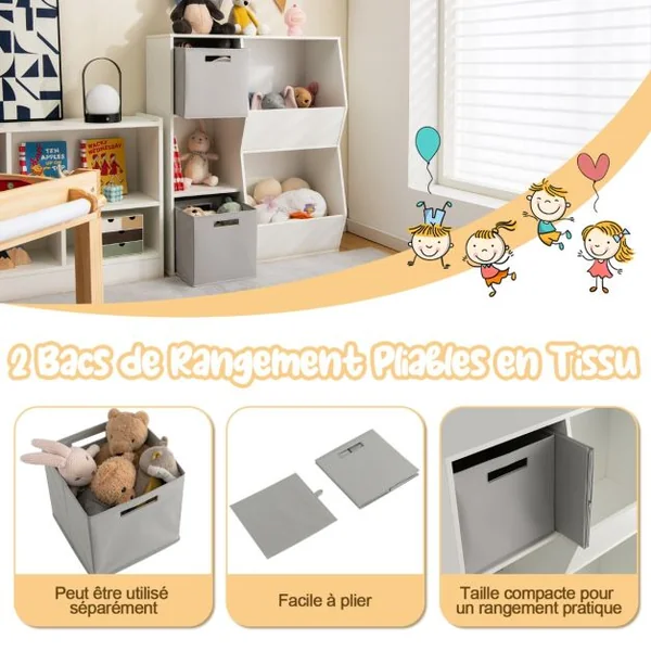 Organisateur de Rangement Bibliothèque en Bois pour Enfants à 5 Compartiments 2 Bacs en Tissu Étagère de Rangement Ouvert pour Jouets Blanc