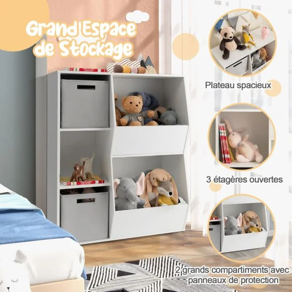 Organisateur de Rangement Bibliothèque en Bois pour Enfants à 5 Compartiments 2 Bacs en Tissu Étagère de Rangement Ouvert pour Jouets Blanc