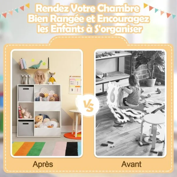 Organisateur de Rangement Bibliothèque en Bois pour Enfants à 5 Compartiments 2 Bacs en Tissu Étagère de Rangement Ouvert pour Jouets Blanc