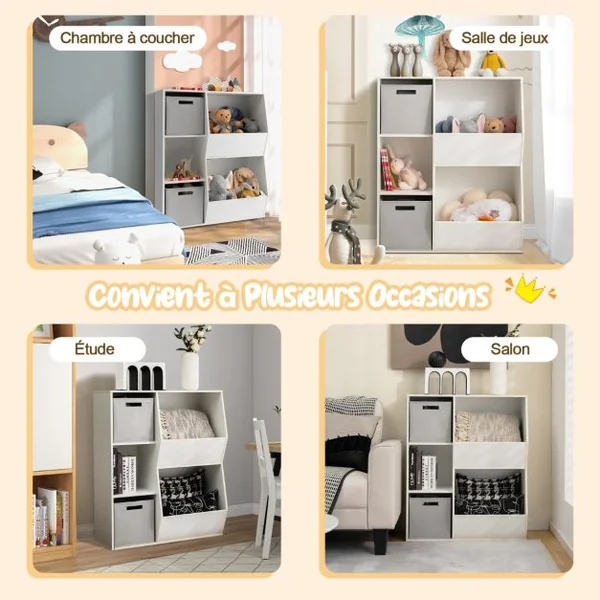 Organisateur de Rangement Bibliothèque en Bois pour Enfants à 5 Compartiments 2 Bacs en Tissu Étagère de Rangement Ouvert pour Jouets Blanc