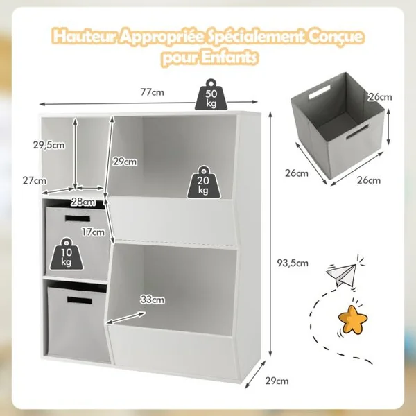 Organisateur de Rangement Bibliothèque en Bois pour Enfants à 5 Compartiments 2 Bacs en Tissu Étagère de Rangement Ouvert pour Jouets Blanc