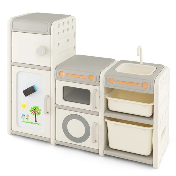 Organisateur de Rangement de Jouets pour Enfants Cuisine de Jeu Tableau Blanc Magnétique Armoire et Bacs de Rangementpour Les 3 Ans et Plus Gris