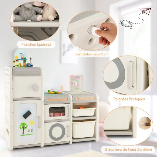 Organisateur de Rangement de Jouets pour Enfants Cuisine de Jeu Tableau Blanc Magnétique Armoire et Bacs de Rangementpour Les 3 Ans et Plus Gris