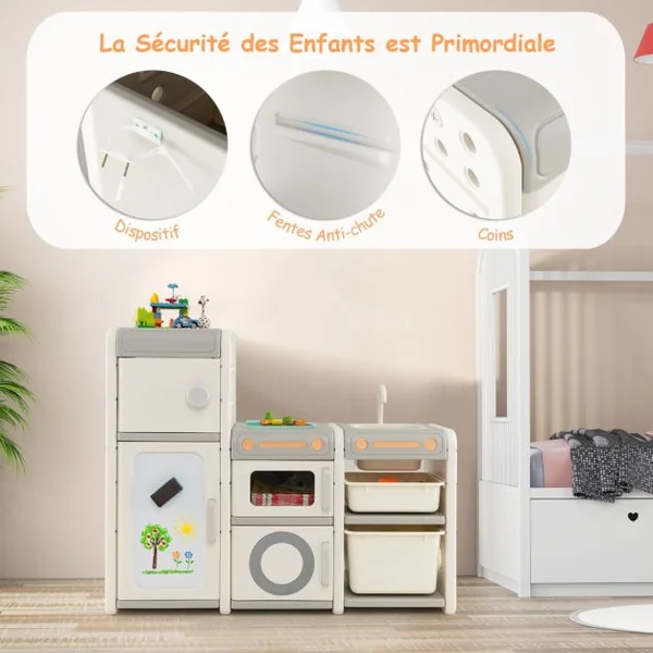 Organisateur de Rangement de Jouets pour Enfants Cuisine de Jeu Tableau Blanc Magnétique Armoire et Bacs de Rangementpour Les 3 Ans et Plus Gris