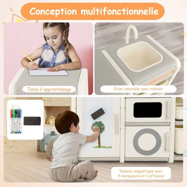 Organisateur de Rangement de Jouets pour Enfants Cuisine de Jeu Tableau Blanc Magnétique Armoire et Bacs de Rangementpour Les 3 Ans et Plus Gris