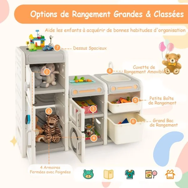 Organisateur de Rangement de Jouets pour Enfants Cuisine de Jeu Tableau Blanc Magnétique Armoire et Bacs de Rangementpour Les 3 Ans et Plus Gris