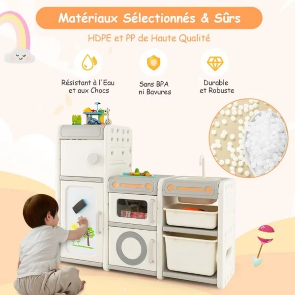 Organisateur de Rangement de Jouets pour Enfants Cuisine de Jeu Tableau Blanc Magnétique Armoire et Bacs de Rangementpour Les 3 Ans et Plus Gris