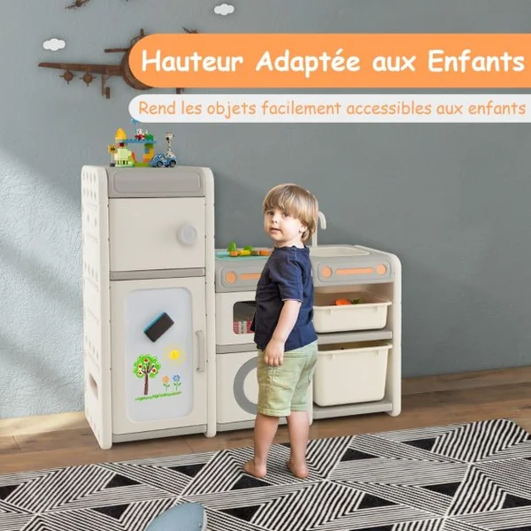 Organisateur de Rangement de Jouets pour Enfants Cuisine de Jeu Tableau Blanc Magnétique Armoire et Bacs de Rangementpour Les 3 Ans et Plus Gris