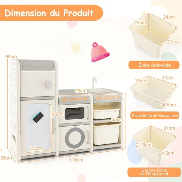 Organisateur de Rangement de Jouets pour Enfants Cuisine de Jeu Tableau Blanc Magnétique Armoire et Bacs de Rangementpour Les 3 Ans et Plus Gris